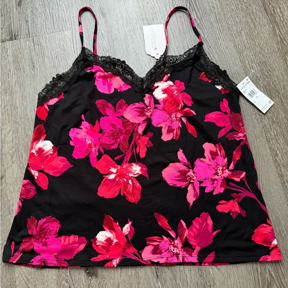 In Bloom by Jonquil Floral Cami Top Lace Trim Black Pink Medium NWT